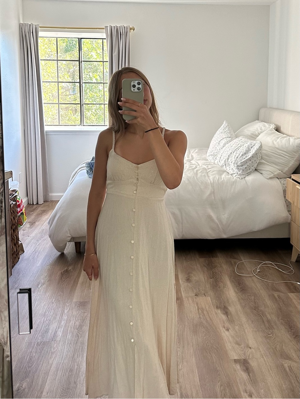 Ivory Button-Front Spaghetti Strap Maxi Dress